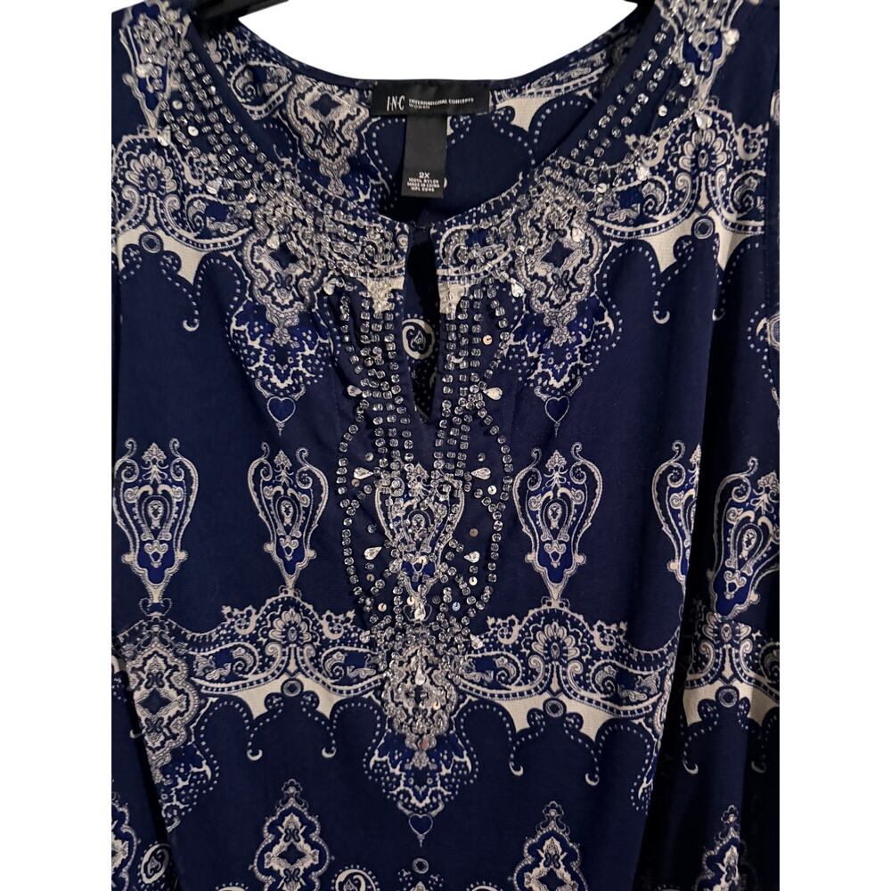 INC International Concepts 2X Navy Gray Paisley Embellished Sleeveless Tunic